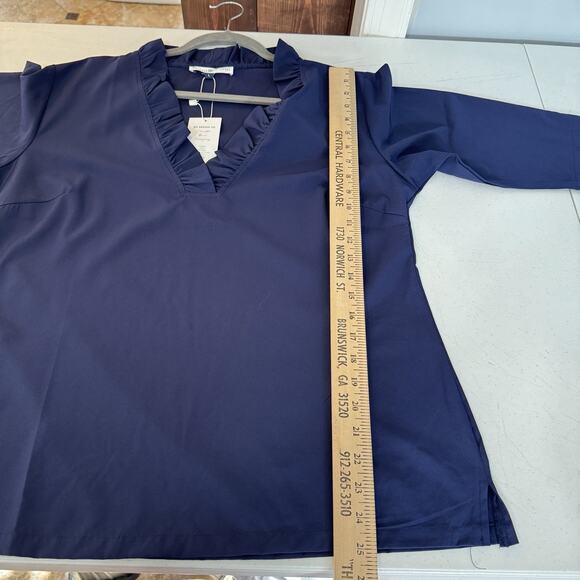Michelle McDowell Reid Ruffle Neck Top Sz L Navy Blue Preppy Travel Staple NEW - Picture 9 of 10